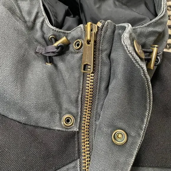 🌿Carhartt Mens Heavy Canvas Gray Black 2 Way Zip Hooded Puffer Douglas Jacket M